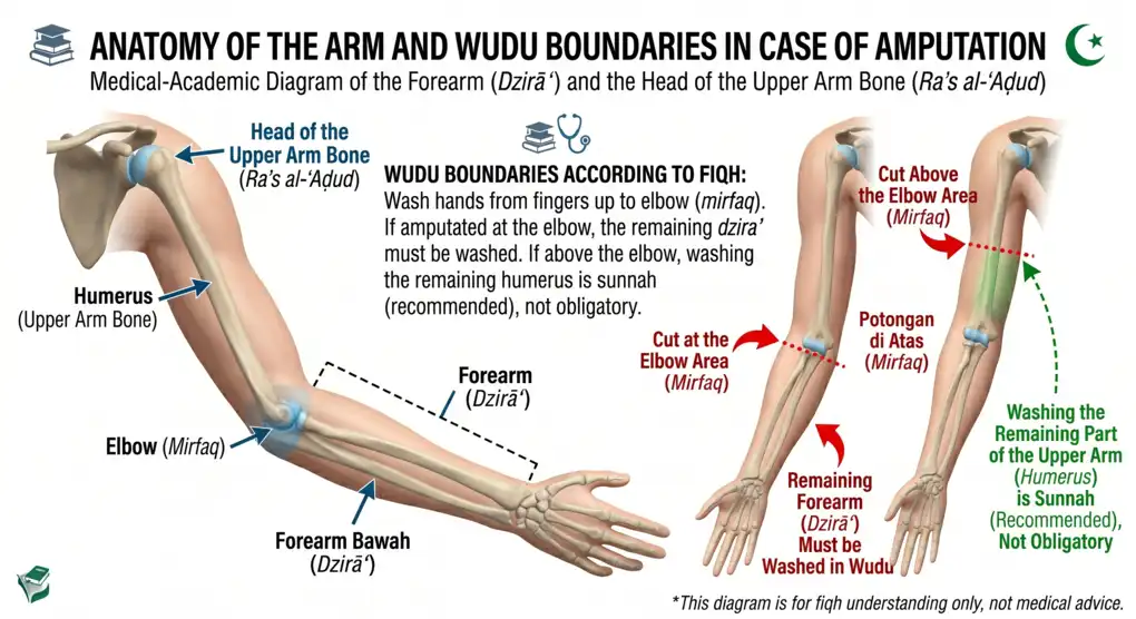 Islamic Rulings on Wudu for Amputees in the Shafi'i Madhhab 2 Medical diagram showing the fardhu wudu boundaries on the arm for amputees according to Shafii fiqh.