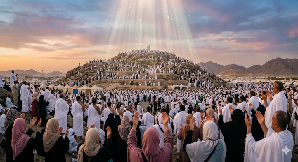 The Virtues of Hajj: Unveiling the Secrets of Faith and Divine Rewards 2 Thousands of pilgrims in ihram and hijab raising their hands in prayer at Mount Jabal Rahmah in the plains of Arafat with divine light shining from the sky.