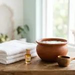 Aesthetic composition of a terracotta water vessel, towels, and misk bottle on a wooden table, prepared for purification.