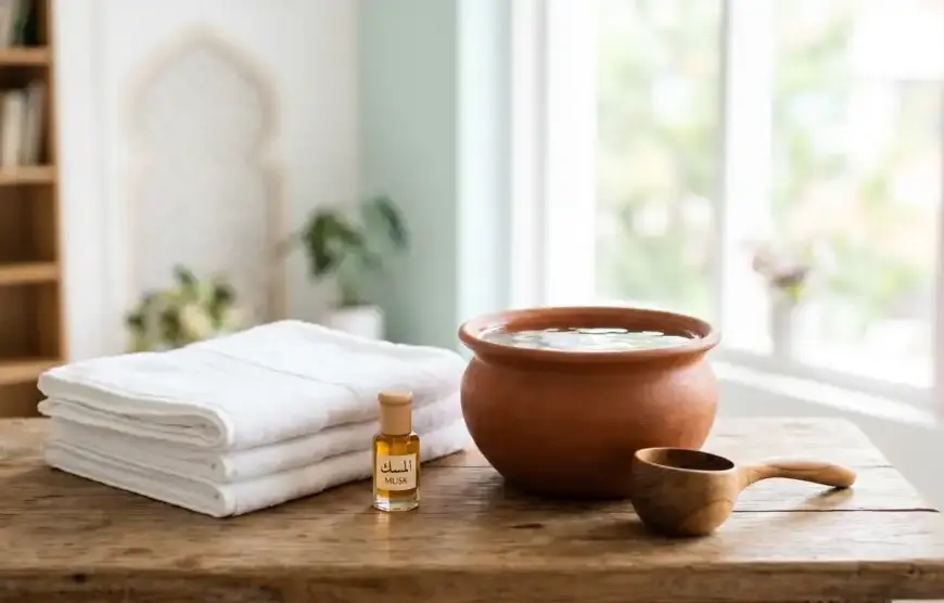 Aesthetic composition of a terracotta water vessel, towels, and misk bottle on a wooden table, prepared for purification.
