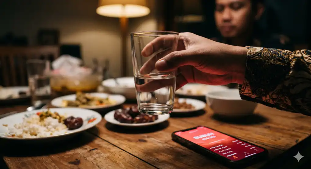 Ilustrasi batas akhir toleransi makan dan minum sahur ketika aplikasi jadwal shalat di smartphone (latar belakang blur) menunjukkan waktu adzan subuh telah tiba, menandakan keharusan untuk berhenti makan dan minum.