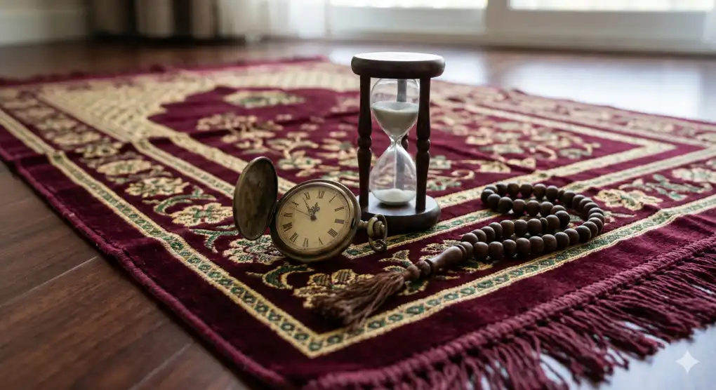 Baligh di Tengah Waktu Shalat: Wajibkah Langsung Shalat? 2 Gambar close-up sajadah berkualitas tinggi yang tergelar menghadap kiblat, dengan jam saku kuno atau jam pasir hampir habis pasirnya bersebelahan dengan tasbih kayu, melambangkan batas waktu sholat yang singkat