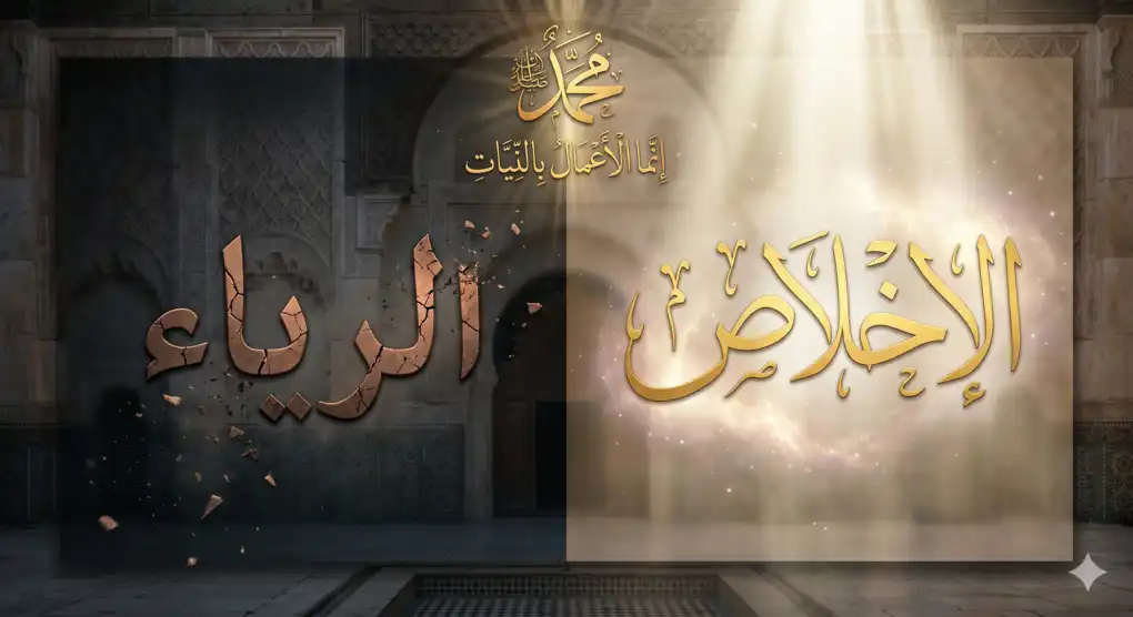 A calligraphy typography design symbolizing the reality of deeds before Allah; the glowing word Ikhlas stands alongside the word Riya which is shattering into pieces.