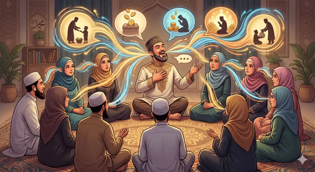 Gambar yang menggambarkan perilaku sum'ah, yaitu menceritakan kebaikan diri sendiri agar reputasi baiknya terdengar luas oleh publik.