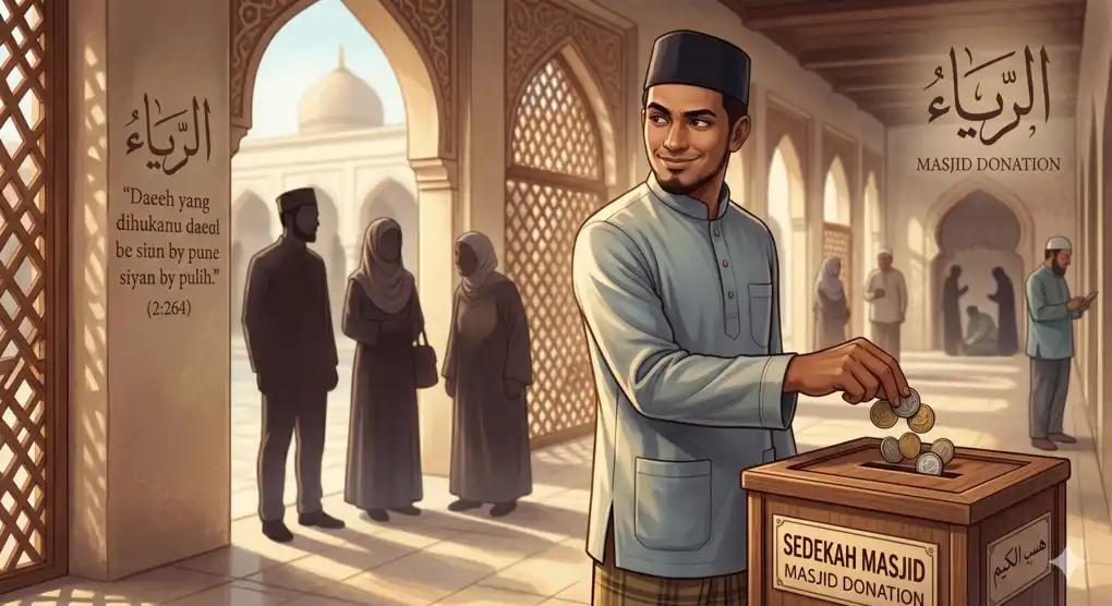 Pria Muslim berpakaian rapi sedang memasukkan koin ke kotak amal sambil melirik ke arah orang yang melihatnya dengan senyum bangga.