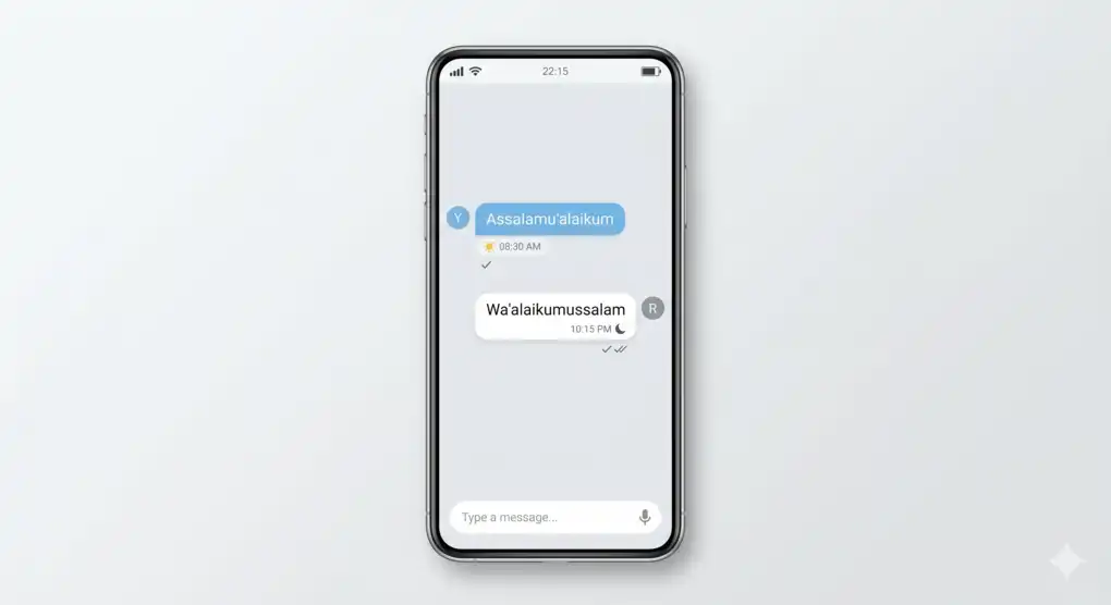 Kapan Salam Tidak Wajib Dijawab? 6 Kasus Pengecualian dalam Fikih Syafi'i 3 Layar ponsel cerdas menampilkan pesan chat Assalamu'alaikum di pagi hari dan balasan Wa'alaikumussalam di malam hari.