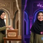 An illustration of a Muslim woman putting money into a charity box with two sides showing the difference between sincere intention for Allah and riya seeking social media likes.