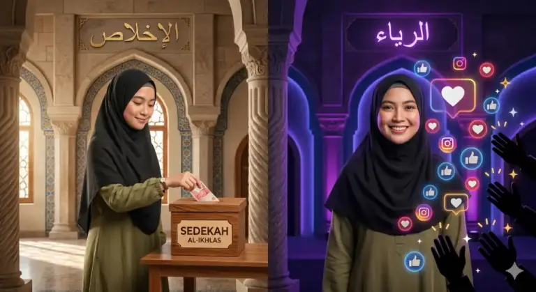 Ilustrasi seorang Muslimah memasukkan uang ke kotak amal dengan dua sisi yang menunjukkan perbedaan antara niat ikhlas lillahi ta'ala dan riya yang mengharapkan likes media sosial.