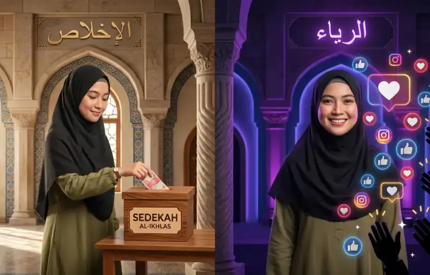 Kajian Fiqh Madzhab Syafi'i: Panduan Lengkap Hukum Islam, Doa, dan Tasawuf 29 Ilustrasi seorang Muslimah memasukkan uang ke kotak amal dengan dua sisi yang menunjukkan perbedaan antara niat ikhlas lillahi ta'ala dan riya yang mengharapkan likes media sosial.