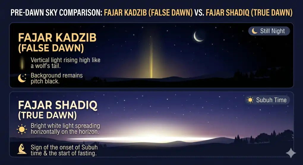 A visual explanation of the differences between fajar kadzib (false dawn) which resembles a wolf's tail, and fajar shadiq (true dawn) which serves as the valid indicator for the end of sahur and the beginning of subuh prayer.
