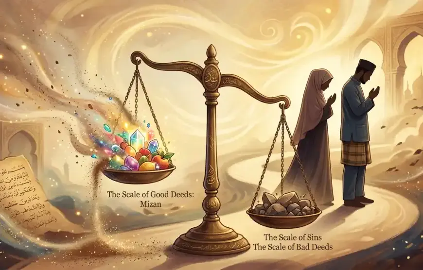 Shafi'i School of Jurisprudence: The Complete Guide to Islamic Law, Prayers, and Tasawuf 31 A conceptual image symbolizing the danger of spiritual diseases that destroy rewards, showing the scales of the Hereafter and flying dust.
