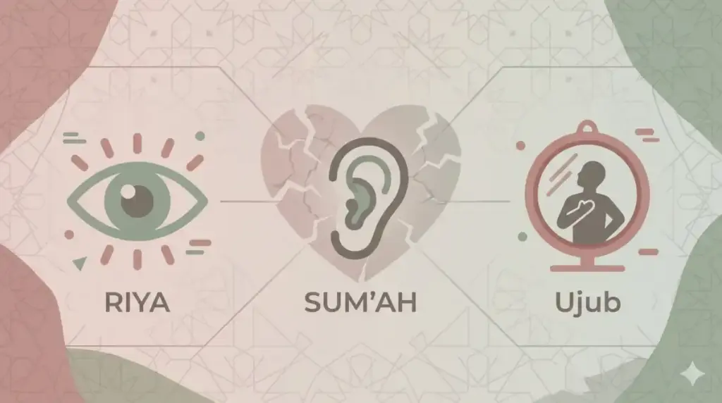 Niyyah and Ikhlas in Islam: A Complete Guide from Hadith to the Fiqh of Worship 5 Visual comparison of riya sumah and ujub as diseases of the heart that corrupt intention