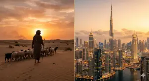 Siluet penggembala kambing di padang pasir disandingkan dengan gedung pencakar langit modern sebagai ilustrasi tanda akhir zaman dalam hadits Jibril.