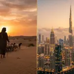 Silhouette of a shepherd in the desert juxtaposed with modern skyscrapers illustrating the sign of the End Times in the Hadith of Jibril.
