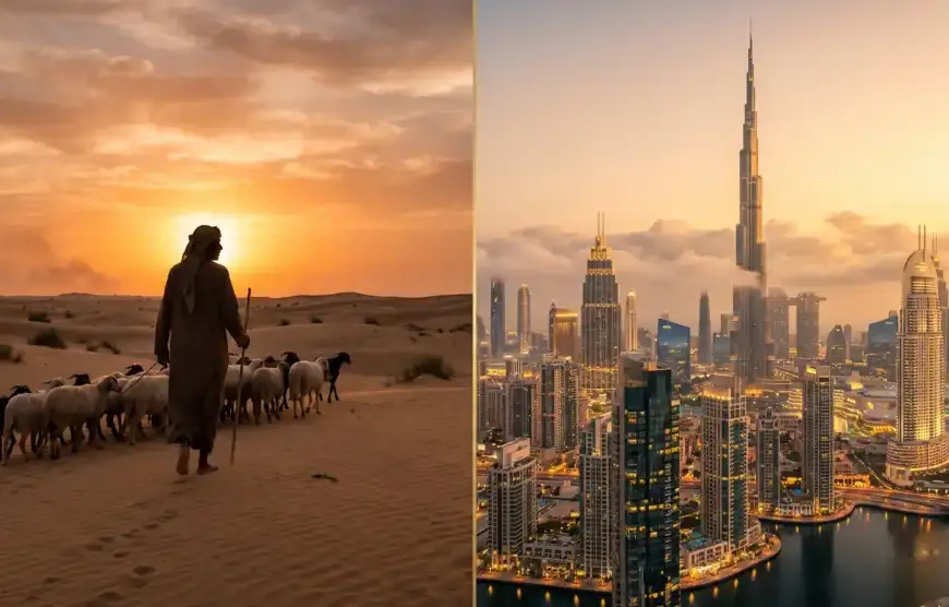 Silhouette of a shepherd in the desert juxtaposed with modern skyscrapers illustrating the sign of the End Times in the Hadith of Jibril.