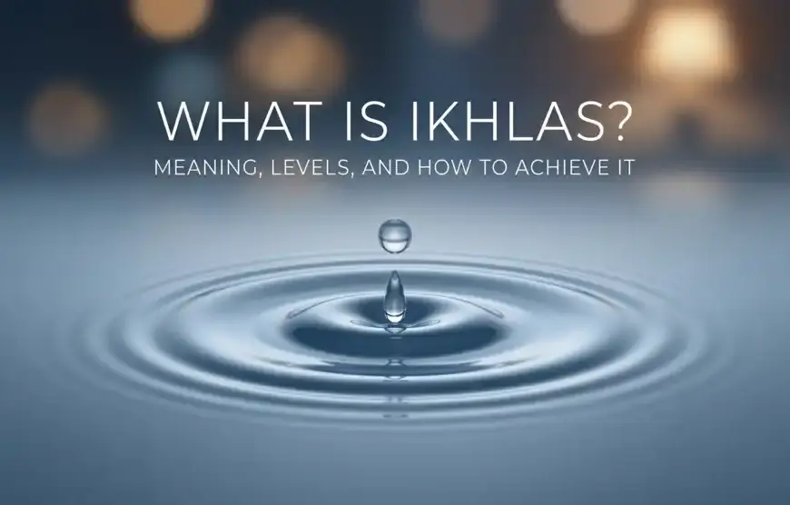 A minimalist illustration of a water drop falling onto a calm surface, symbolizing the essence of pure intention and sincerity (ikhlas) in worshiping Allah based on Sufism principles.