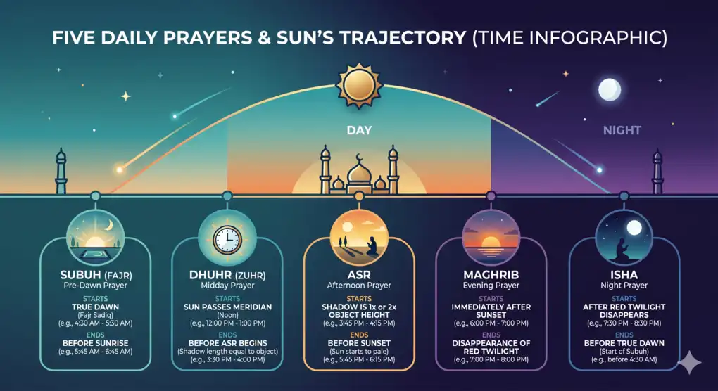 Infographic of the sun's trajectory and the time limits for the five obligatory prayers from Subuh, Dhuhr, Asr, Maghrib, to Isha