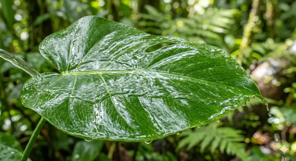 A macro detail of pure water evenly wetting a green leaf without any barrier, visualizing the second pillar of the mandatory bath, Ta'miimul Badan.