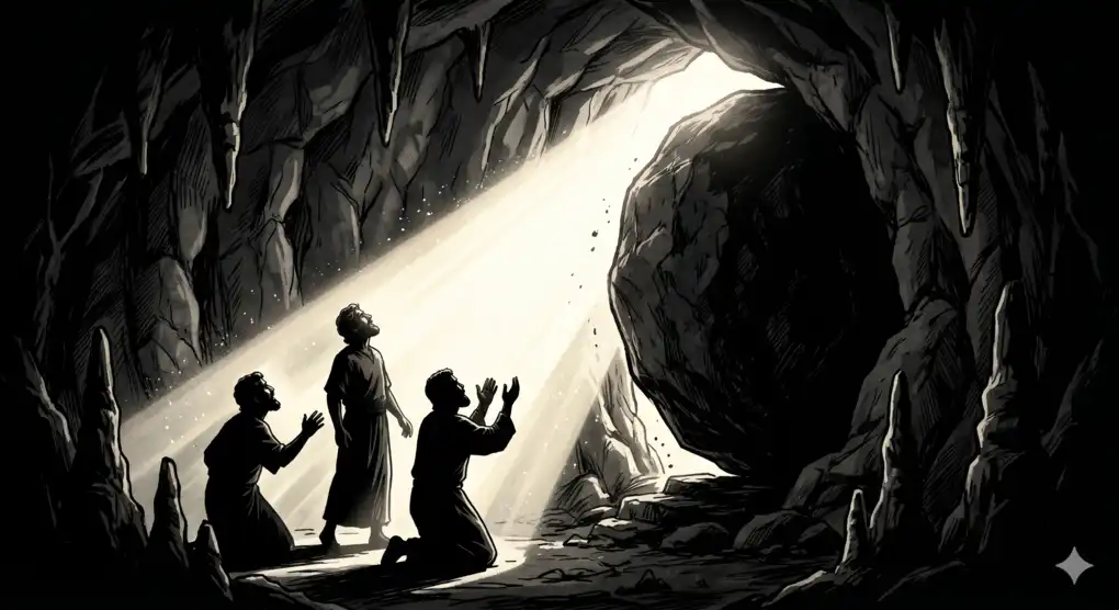 A silhouette illustration of the three men of the Children of Israel trapped inside a dark cave. They perform tawassul using their most sincere deeds, causing the massive boulder to shift and the light of Allah's miraculous help to enter.