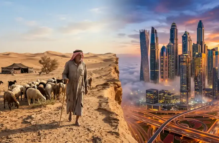 Illustration of the contrast of eras between a desert shepherd and modern skyscrapers as a sign of the end times in Hadith Jibril.