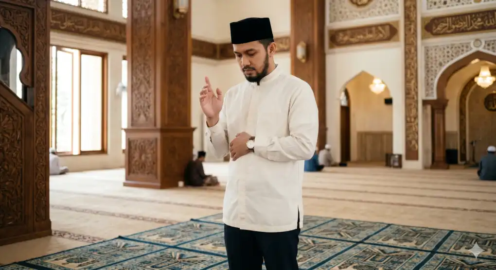 Kapan Salam Tidak Wajib Dijawab? 6 Kasus Pengecualian dalam Fikih Syafi'i 2 Pria Muslim berpakaian koko dan peci sedang berdiri sholat sambil memberikan isyarat dengan mengangkat sedikit telapak tangan.