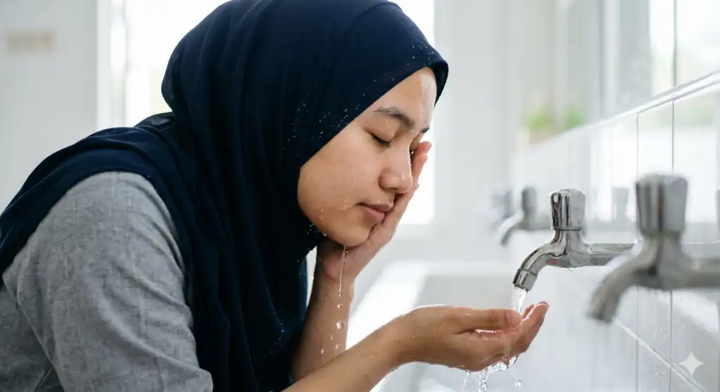 Muslimah berhijab panjang sedang membasuh wajah dengan air bersih saat berwudhu di masjid