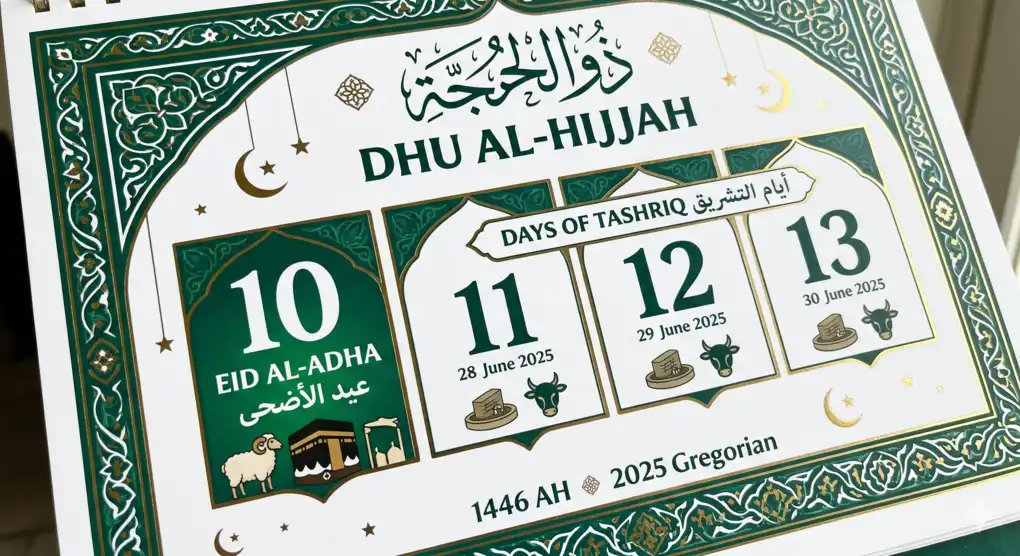 Kalender Dzulhijjah yang menunjukkan rentang waktu penyembelihan qurban: 10 hingga 13 Dzulhijjah