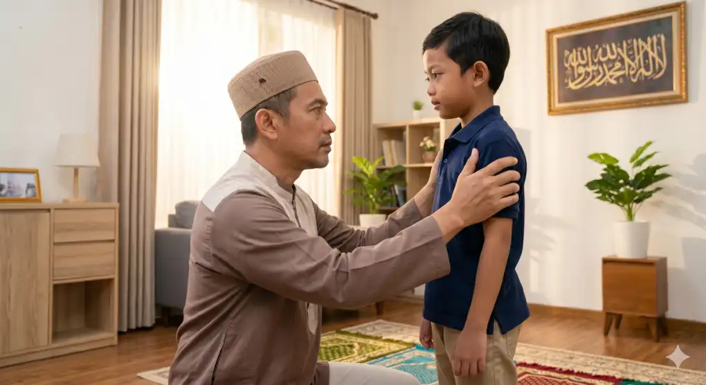 Kapan anak kecil diperintah dan dipukul karena shalat? 4 Potret seorang ayah yang sedang memegang pundak anaknya yang berusia 10 tahun dengan tatapan tegas namun penuh kasih sayang, mengilustrasikan batas usia ketegasan dalam pendidikan shalat.