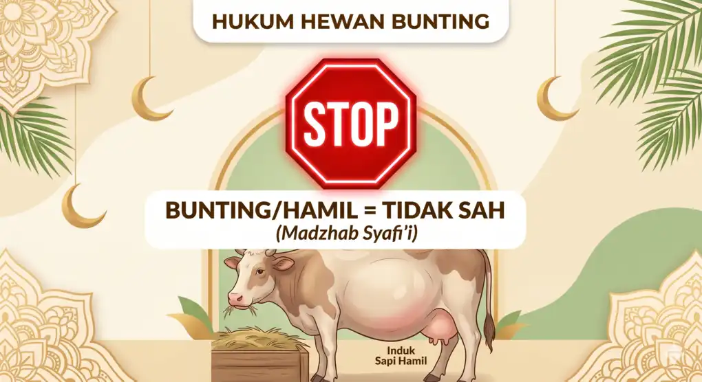Penjelasan visual mengenai ketidakabsahan hewan ternak yang sedang hamil (bunting) untuk dijadikan persembahan qurban dalam pandangan muktamad madzhab Syafi'i.