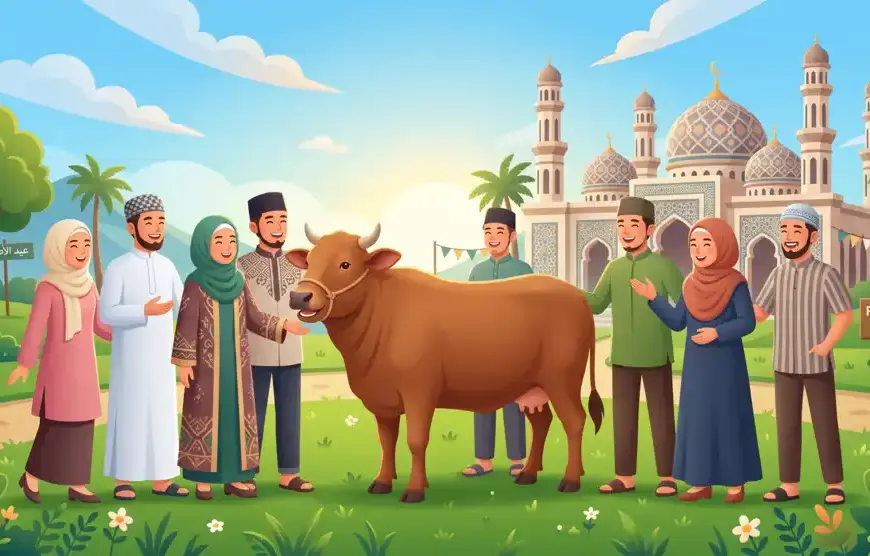 Shafi'i School of Jurisprudence: The Complete Guide to Islamic Law, Prayers, and Tasawuf 11 An illustration representing the practice of joint qurban for a cow, limited to a maximum of 7 people in Islam