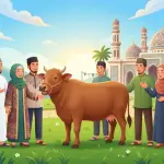 Gambar utama yang memperlihatkan kebersamaan umat Muslim pria dan wanita berhijab rapi dalam pelaksanaan patungan kurban sapi 7 orang secara sah dan sesuai syariat.