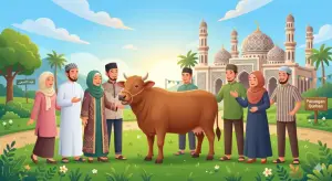 Kajian Fiqh Madzhab Syafi'i: Panduan Lengkap Hukum Islam, Doa, dan Tasawuf 5 Gambar utama yang memperlihatkan kebersamaan umat Muslim pria dan wanita berhijab rapi dalam pelaksanaan patungan kurban sapi 7 orang secara sah dan sesuai syariat.