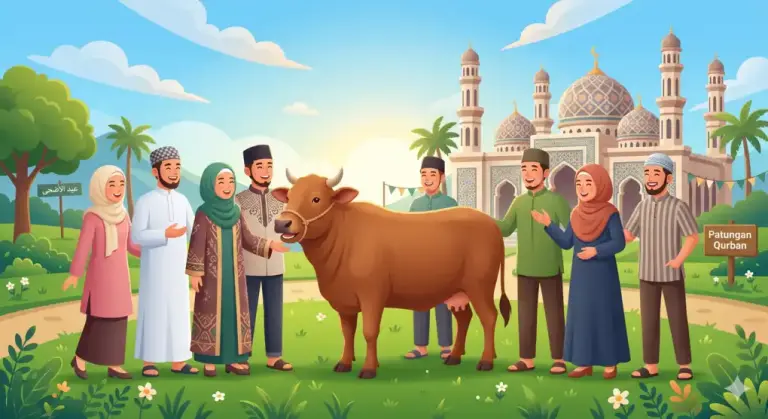 Gambar utama yang memperlihatkan kebersamaan umat Muslim pria dan wanita berhijab rapi dalam pelaksanaan patungan kurban sapi 7 orang secara sah dan sesuai syariat.