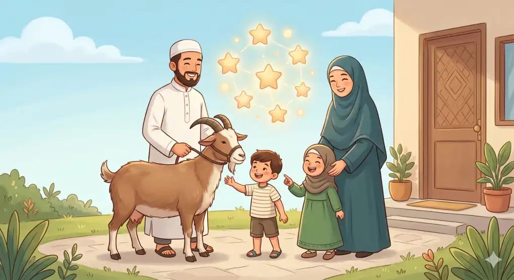 The Islamic Ruling on Joint Qurban: 7 People Sharing a Cow & One Goat for a Family 3 A depiction of a Muslim family including a father, mother in hijab, and two kids standing next to a healthy goat symbolizing shared family rewards in qurban.