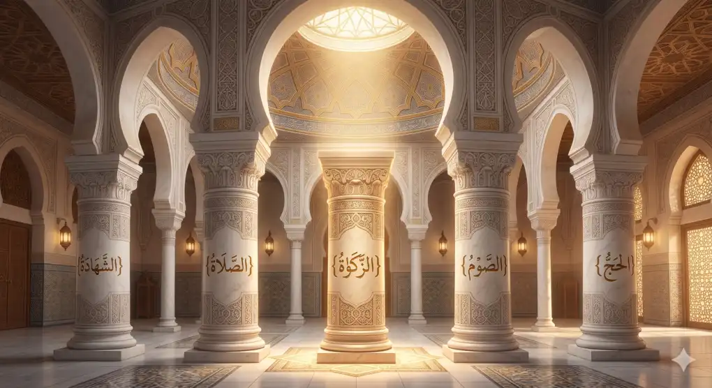 Dalil Kewajiban Zakat dari Al-Qur'an dan Hadis dalam Fikih Syafi'i 3 Ilustrasi lima pilar marmer putih penyangga masjid yang melambangkan Rukun Islam, dengan pilar tengah bertuliskan Zakat.
