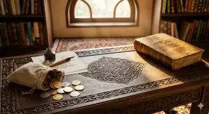 Shafi'i School of Jurisprudence: The Complete Guide to Islamic Law, Prayers, and Tasawuf 13 Illustration of dinar and dirham coins on a carved wooden table symbolizing the obligation of wealth zakat in Islam.
