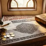 Ilustrasi koin dinar dan dirham di atas meja kayu berukir sebagai simbol kewajiban zakat harta dalam Islam.