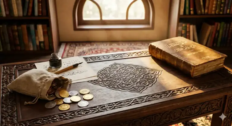 Home 1 Ilustrasi koin dinar dan dirham di atas meja kayu berukir sebagai simbol kewajiban zakat harta dalam Islam.