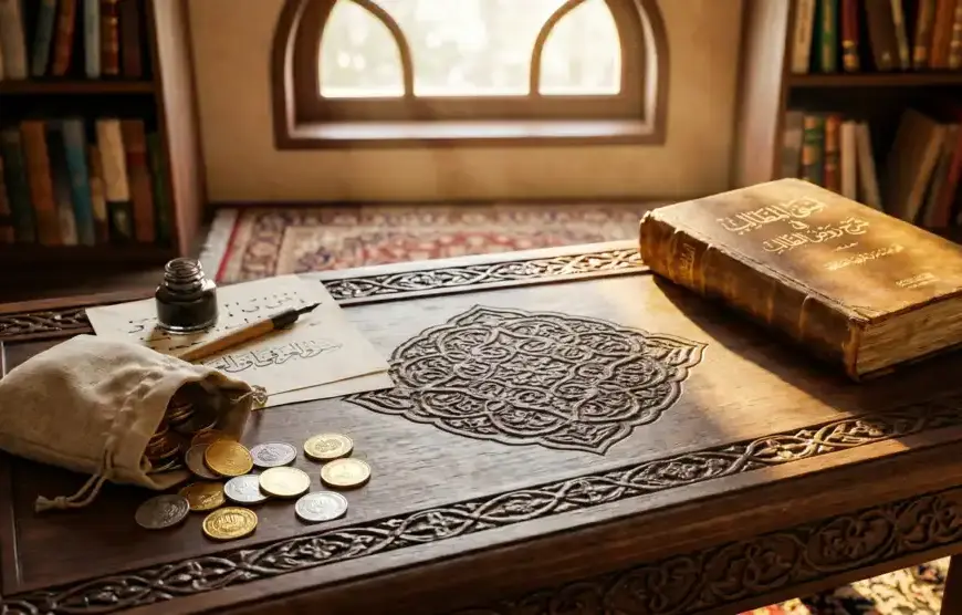 Ilustrasi koin dinar dan dirham di atas meja kayu berukir sebagai simbol kewajiban zakat harta dalam Islam.