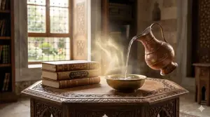 Shafi'i School of Jurisprudence: The Complete Guide to Islamic Law, Prayers, and Tasawuf 11 Illustration of a wooden table with Islamic fiqh books and a copper jug pouring pure water, symbolizing the ghusl intention.