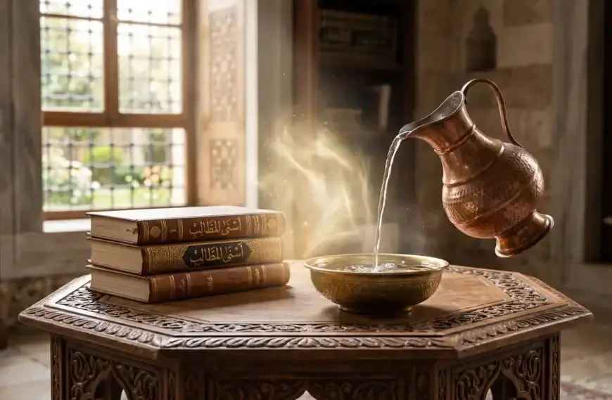 Illustration of a wooden table with Islamic fiqh books and a copper jug pouring pure water, symbolizing the ghusl intention.