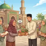 Ilustrasi bernuansa Islami yang menunjukkan proses serah terima daging dan lembaran kulit hewan qurban kepada fakir miskin di halaman masjid, menegaskan pentingnya penyerahan hak milik mutlak (tamlik).