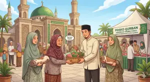 Ilustrasi bernuansa Islami yang menunjukkan proses serah terima daging dan lembaran kulit hewan qurban kepada fakir miskin di halaman masjid, menegaskan pentingnya penyerahan hak milik mutlak (tamlik).