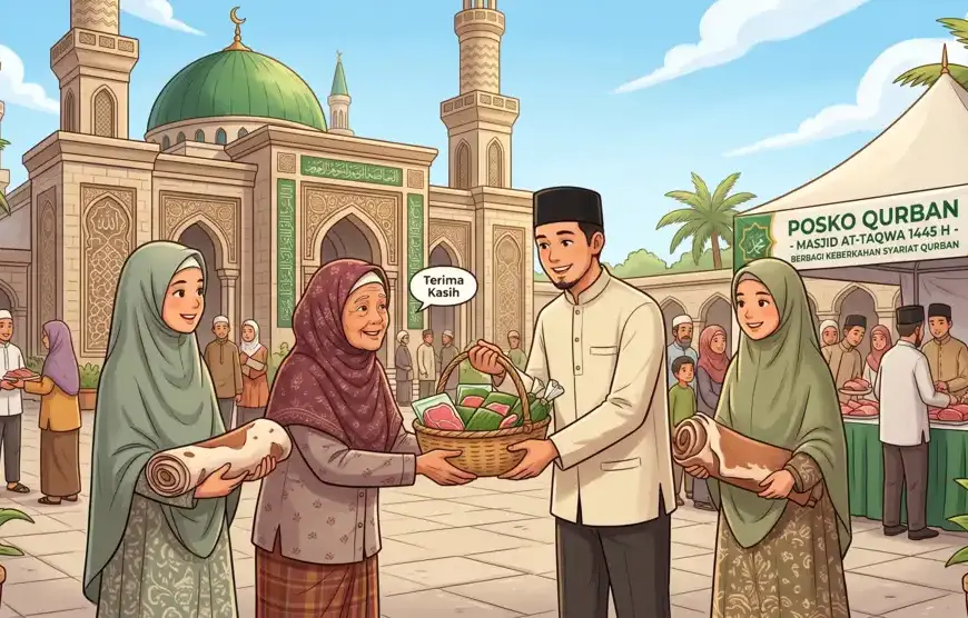 Kajian Fiqh Madzhab Syafi'i: Panduan Lengkap Hukum Islam, Doa, dan Tasawuf 19 Ilustrasi bernuansa Islami yang menunjukkan proses serah terima daging dan lembaran kulit hewan qurban kepada fakir miskin di halaman masjid, menegaskan pentingnya penyerahan hak milik mutlak (tamlik).