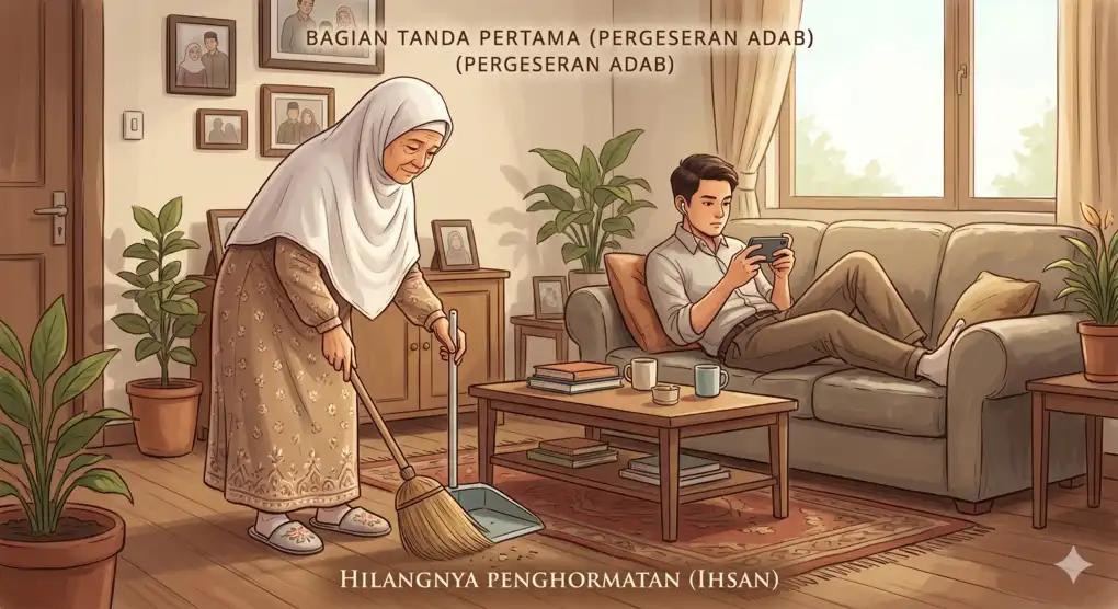 Tanda-Tanda Akhir Zaman dalam Hadits Jibril yang Sudah Terjadi di Depan Mata 3 Ilustrasi seorang ibu lanjut usia berhijab sedang menyapu rumah, sementara anak laki-lakinya asyik bermain ponsel tanpa mempedulikannya.