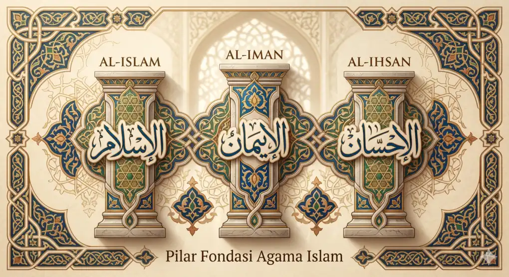 Tanda-Tanda Akhir Zaman dalam Hadits Jibril yang Sudah Terjadi di Depan Mata 2 Desain grafis bermotif geometris Islam yang menampilkan tiga pilar utama agama: Al-Islam, Al-Iman, dan Al-Ihsan.