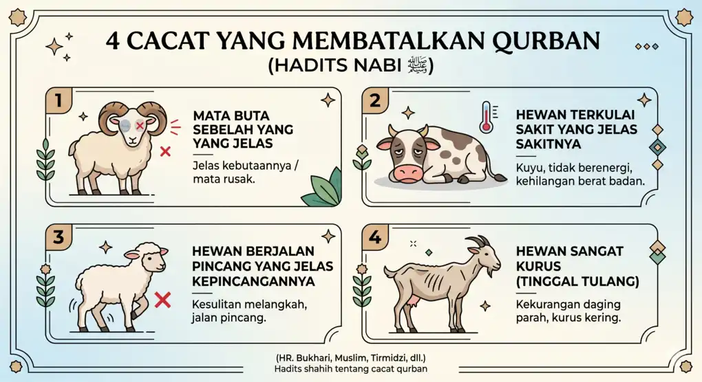 Infografis edukasi yang menjelaskan empat cacat fisik hewan yang dilarang keras untuk dijadikan udhiyah berdasarkan nash hadits sahih Nabi Muhammad ﷺ.