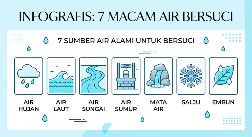 Desain infografis minimalis berwarna biru muda yang menjelaskan 7 sumber air suci mensucikan (air mutlak) untuk keperluan thaharah: air hujan, laut, sungai, sumur, mata air, salju, dan embun.