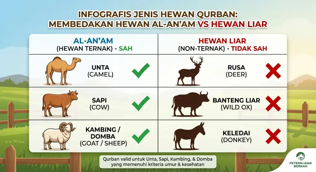 Syarat Hewan Qurban: Jenis & Umur Minimal Menurut Madzhab Syafi'i 2 Tabel visual edukatif yang membedakan klasifikasi hewan ternak (unta, sapi, kambing) yang sah untuk qurban dengan hewan non-ternak (rusa, banteng liar, keledai) yang tidak sah.