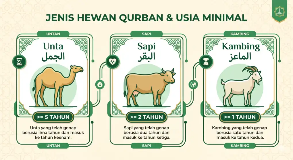 Infografis tiga jenis hewan yang sah untuk qurban beserta batas usia minimal menurut madzhab Syafi'i